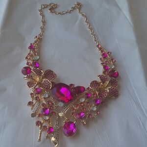 Gold-Tone Statement Necklace with Fuchsia Crystals